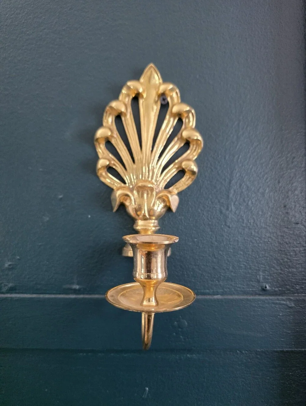 Set Of 2 Brass Gold Taper Candle Wall Sconce Holder Vtg Peacock 9' Small